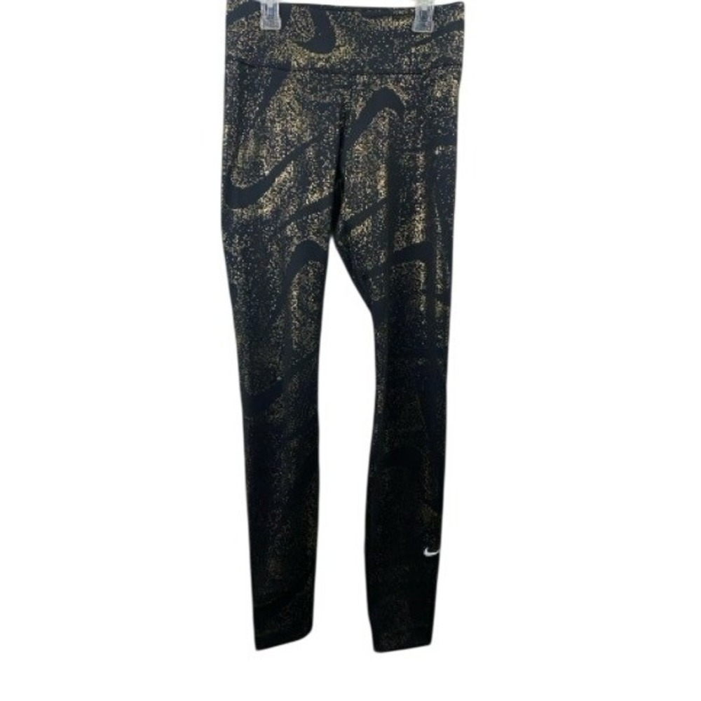 Nike Leggings Women Medium Metallic Black Gold Speckled Swoosh Workout Bottom
